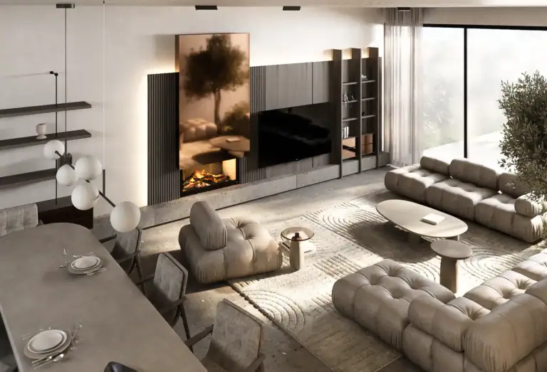 Modern minimalist living room with beige tufted sofas, a concrete floor, a fireplace, and warm ambient lighting.