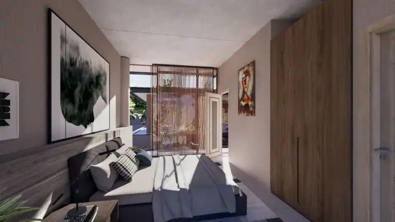 Bright and spacious living room featuring a large window, wooden furniture, and contemporary decor in North Cyprus property.