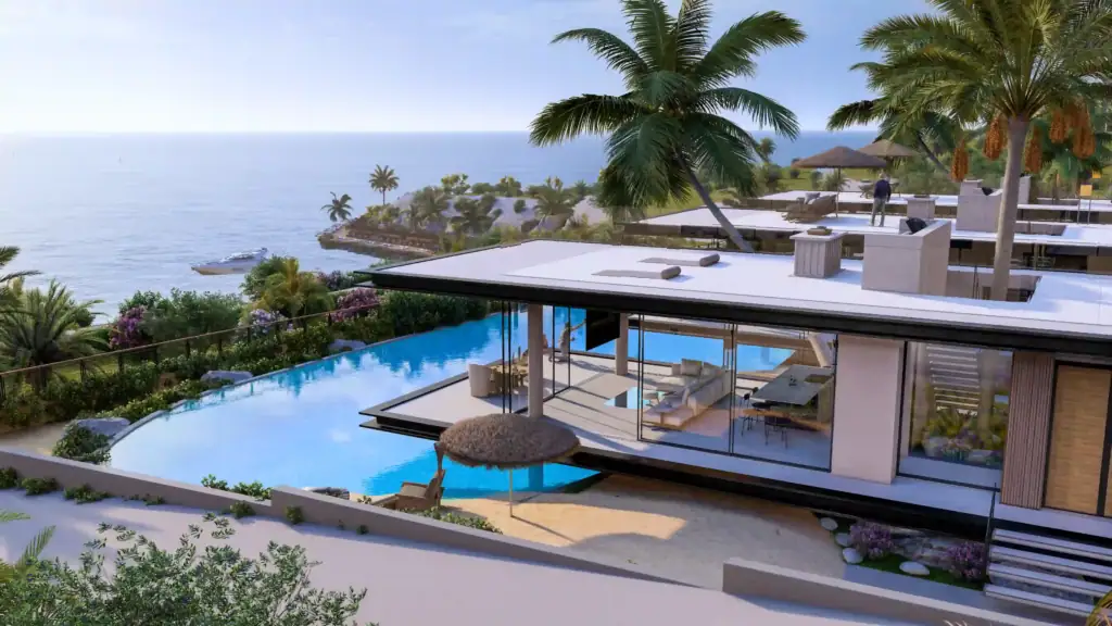 An elevated rendering of a luxury modern coastal villa featuring an infinity pool, palm trees, and panoramic ocean views.