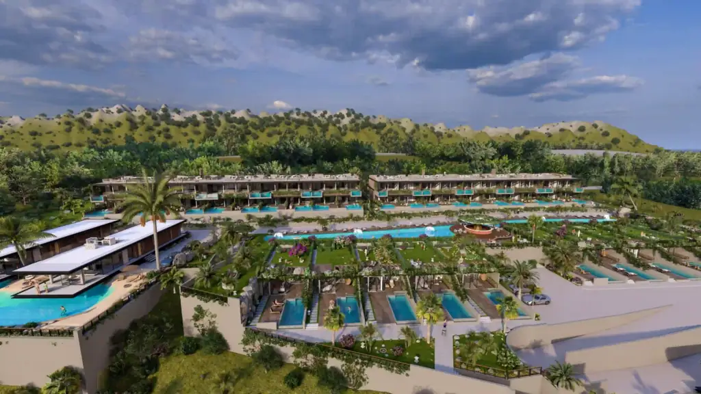 Aerial rendering of a luxury tropical resort complex with multiple swimming pools, modern villas, lush green landscaping, and hills in the background