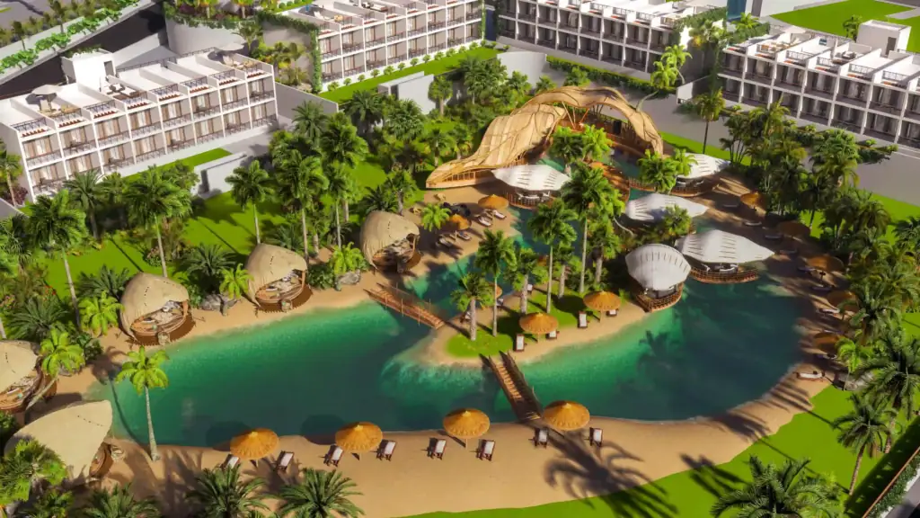 Aerial architectural rendering of a luxury tropical resort featuring a turquoise lagoon pool, sandy beaches, palm trees, and modern buildings.