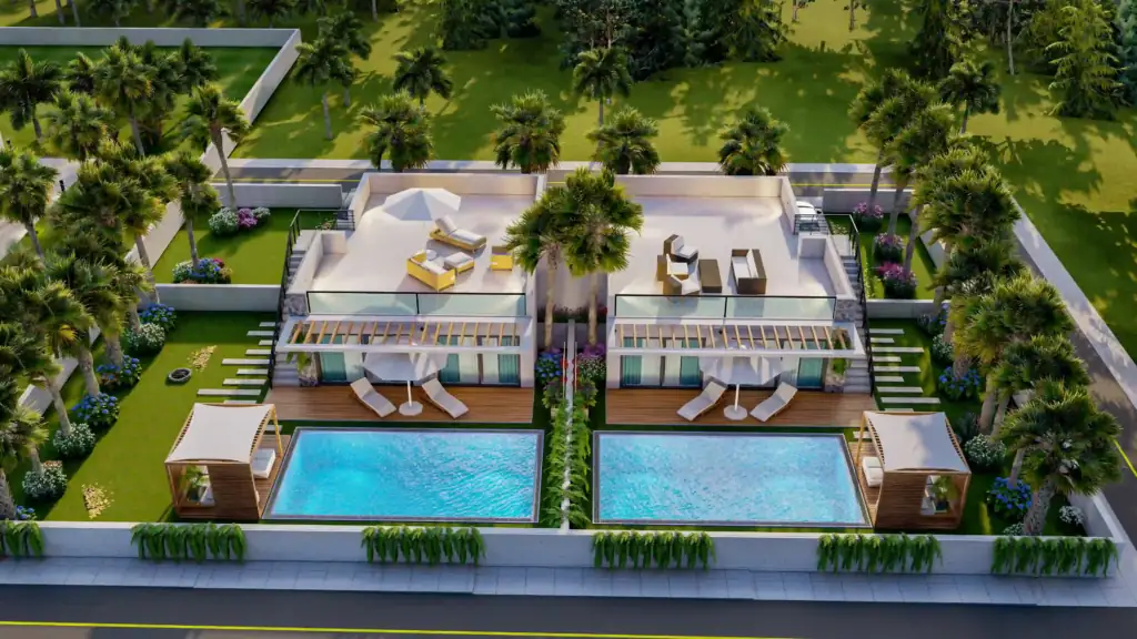 Aerial 3D render of a luxury modern semi-detached villa with private swimming pools, rooftop terraces, and lush palm trees.