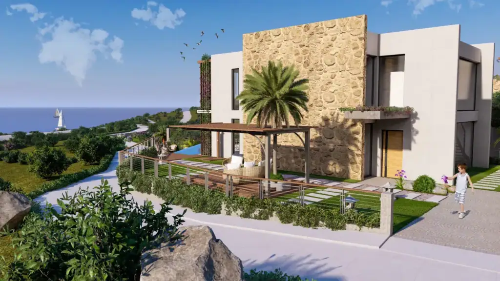 Modern luxury villa with a private garden and sea view in North Cyprus, featuring contemporary architecture and lush landscap.