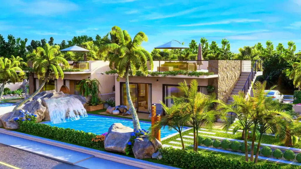 3D rendering of a luxury tropical villa with a private swimming pool, artificial waterfall, palm trees, and rooftop terraces under a bright blue sky.