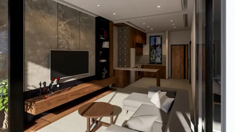 Spacious interior of a North Cyprus property featuring a contemporary living room with elegant furnishings and ample sunlight.