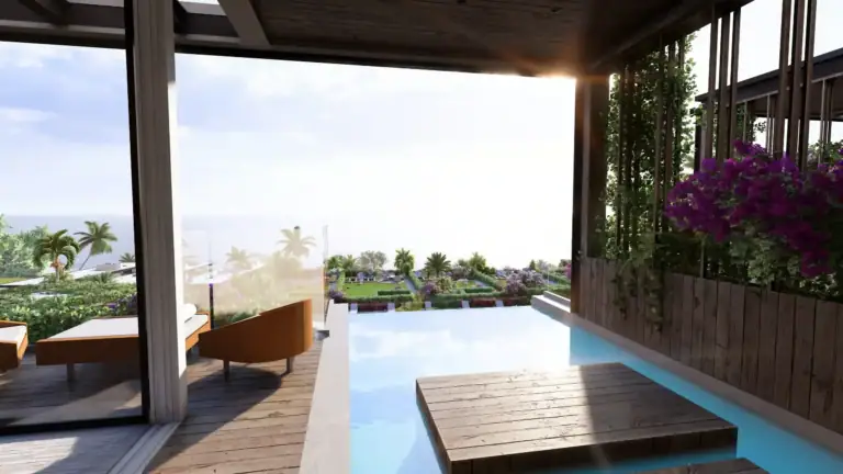 Modern wooden terrace with a private plunge pool, lounge chairs, and a scenic view of lush gardens and the sea.