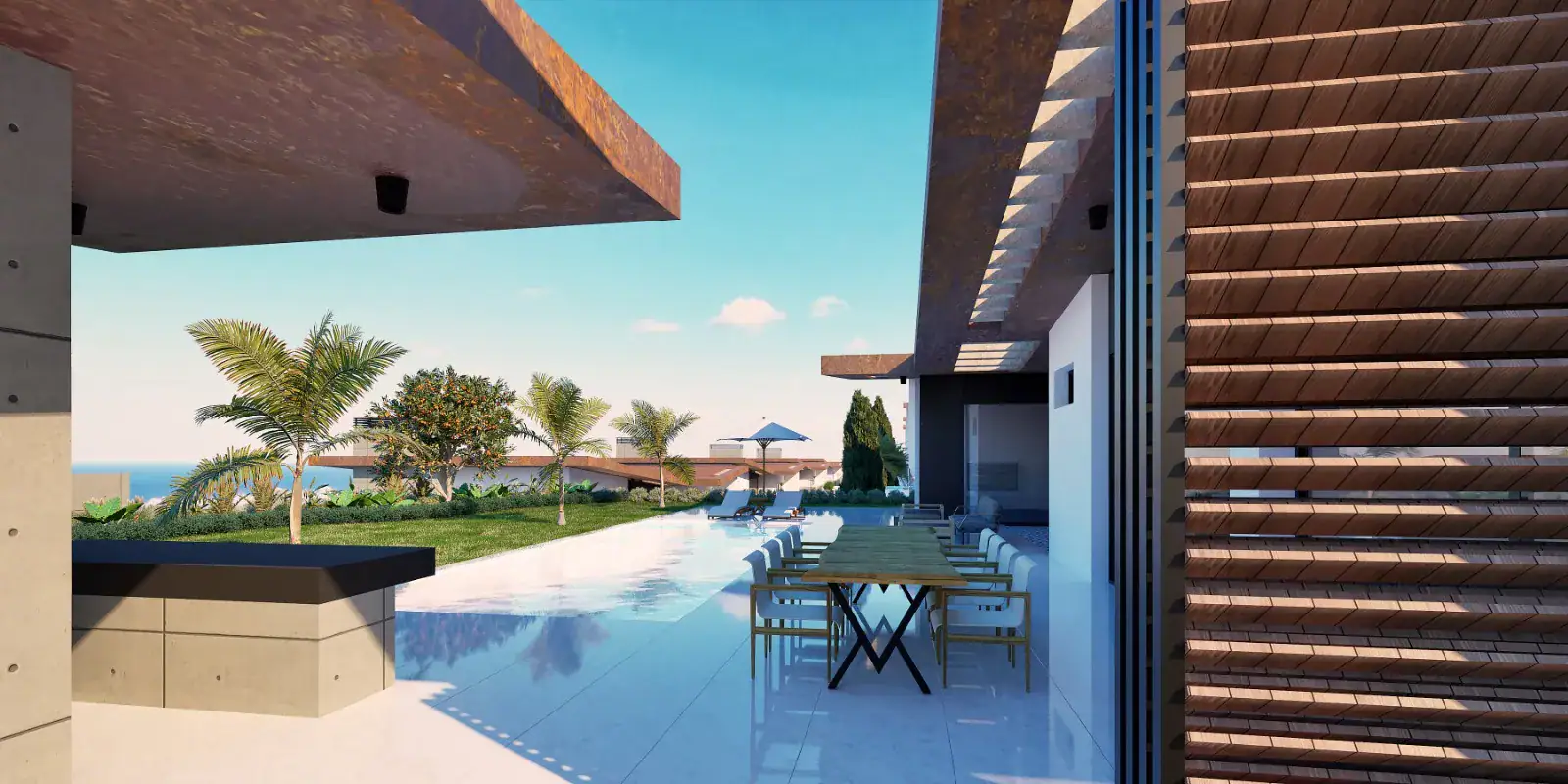 Modern luxury villa terrace with outdoor dining, a sleek bar, swimming pool, lush garden, and scenic ocean views under a clear sky.