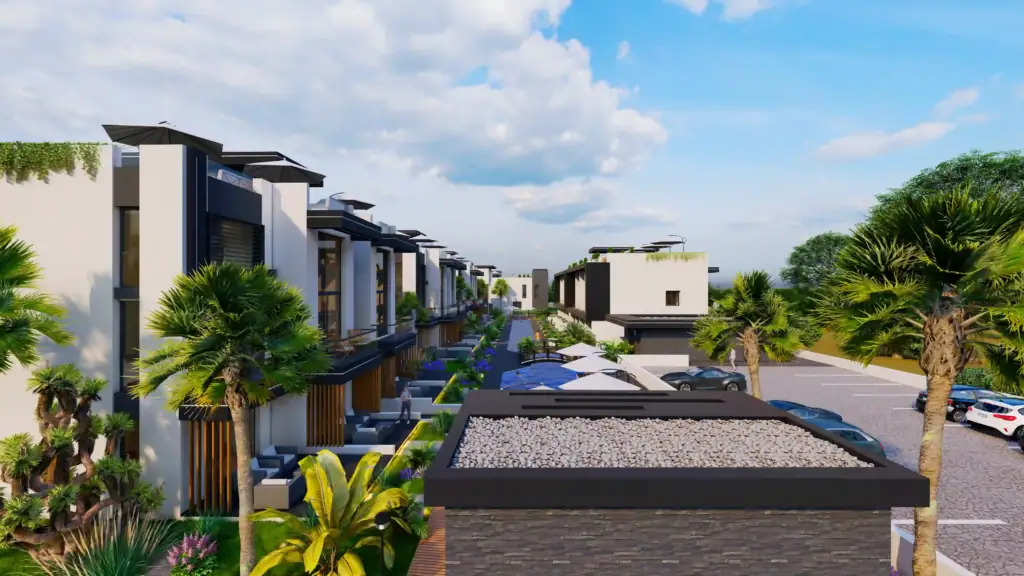 3D rendering of a modern residential complex featuring white townhouses, palm trees, a swimming pool, and parking under a blue sky.