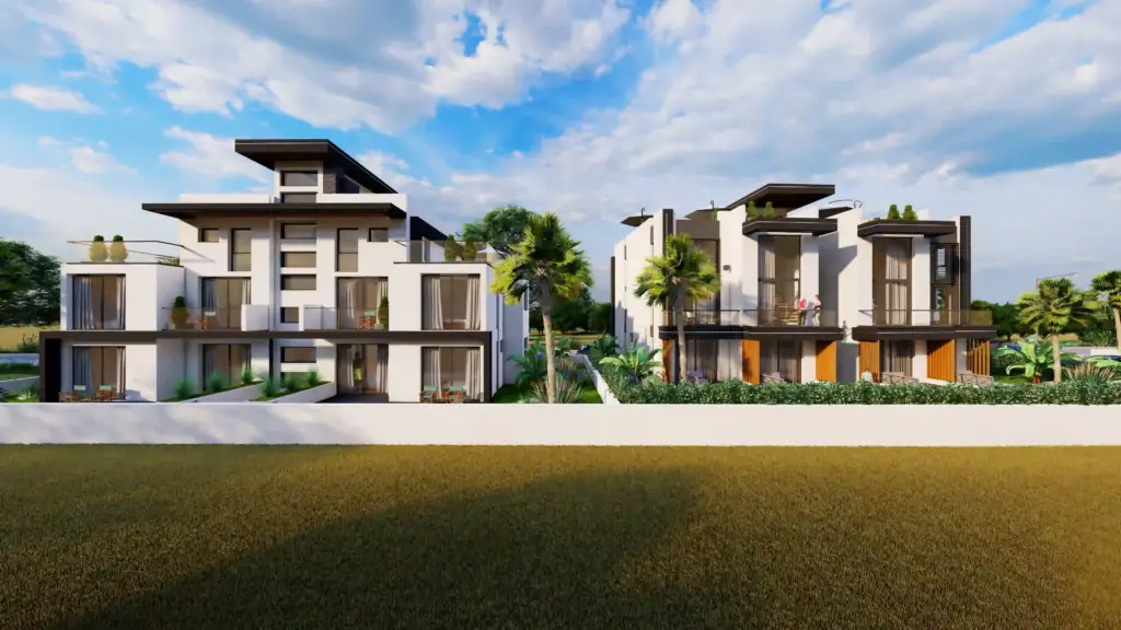 Modern three-story residential villas with contemporary white facades, flat roofs, glass balconies, and landscaped gardens with palm trees.