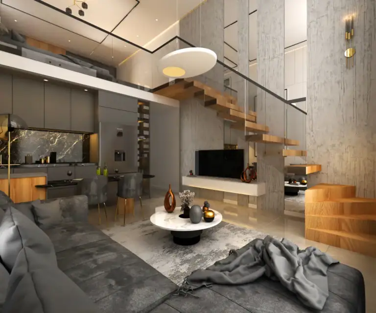 Modern luxury loft living room featuring a plush grey sectional sofa, marble coffee table, and a wooden floating staircase with glass rail