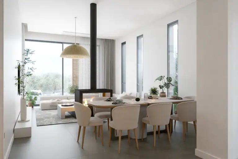 Bright and airy dining space with contemporary furniture and natural light in a North Cyprus property.