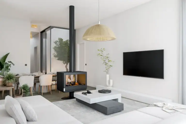 Stylish contemporary living room featuring a sleek fireplace, wall-mounted TV, and minimalist decor in a bright, spacious int.